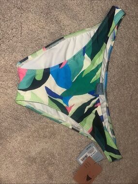 Shade & Shore Tropical Leaf Print Bikini Bottom in Green, Blue & Pink